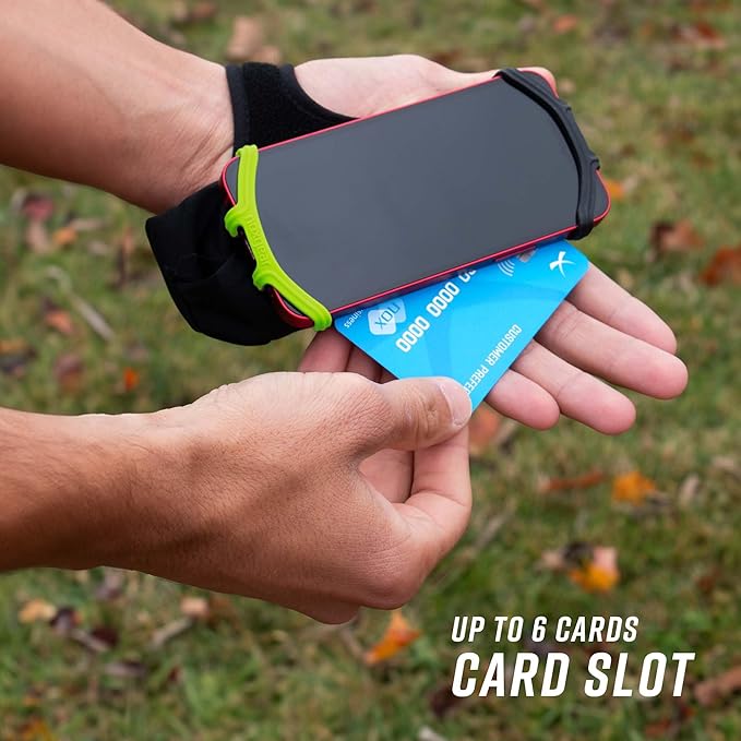 Noxgear Hand Held Phone Holder - Handheld Grip Phone Holder with Key Fob & Card Slot for Running, Jogging & Working Out - Compatible with All Phones - Machine Washable (Lime, Right Hand)