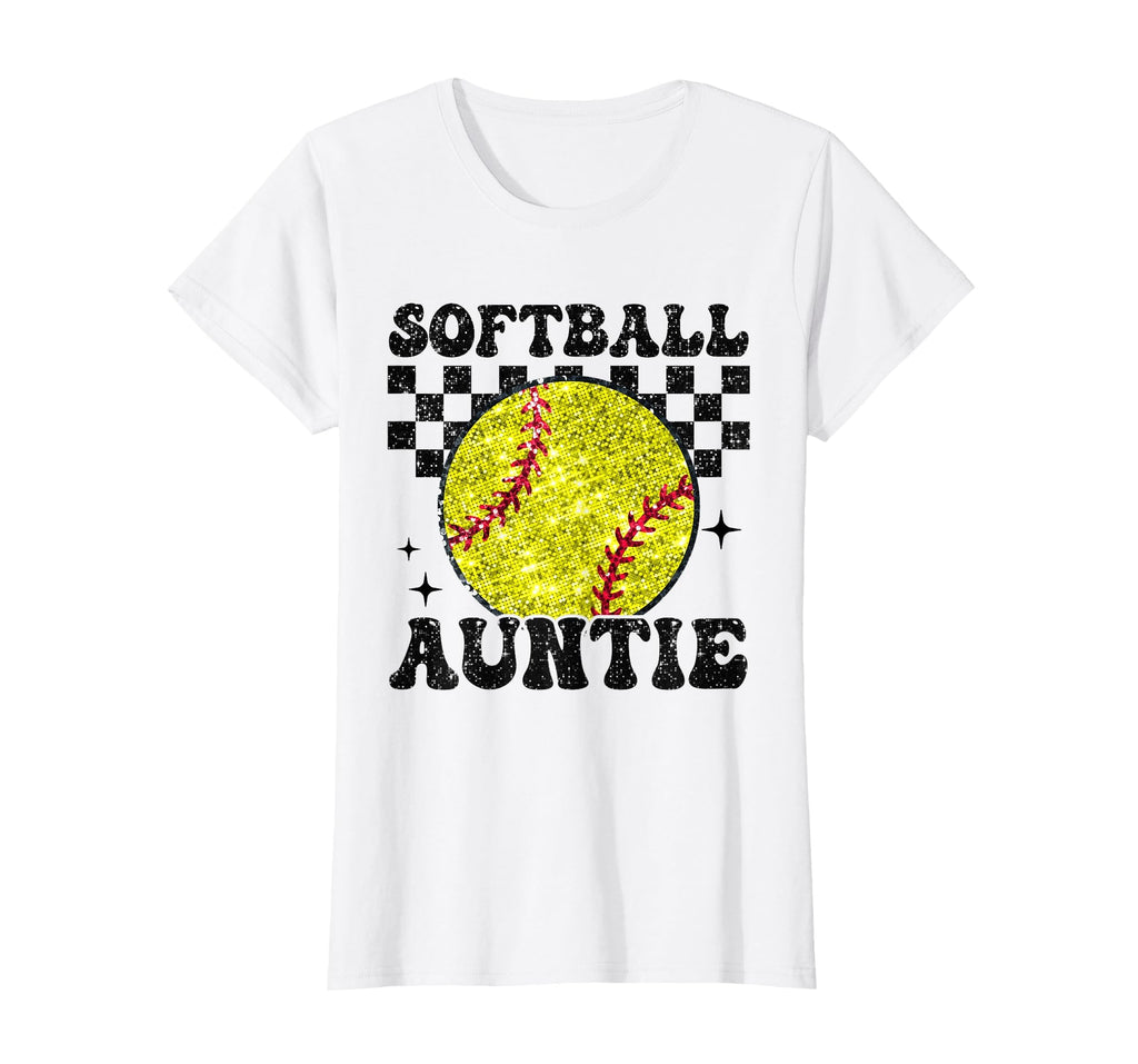 Softball Auntie Checkered Funny Softball T-Shirt - Custom Art Print Unisex