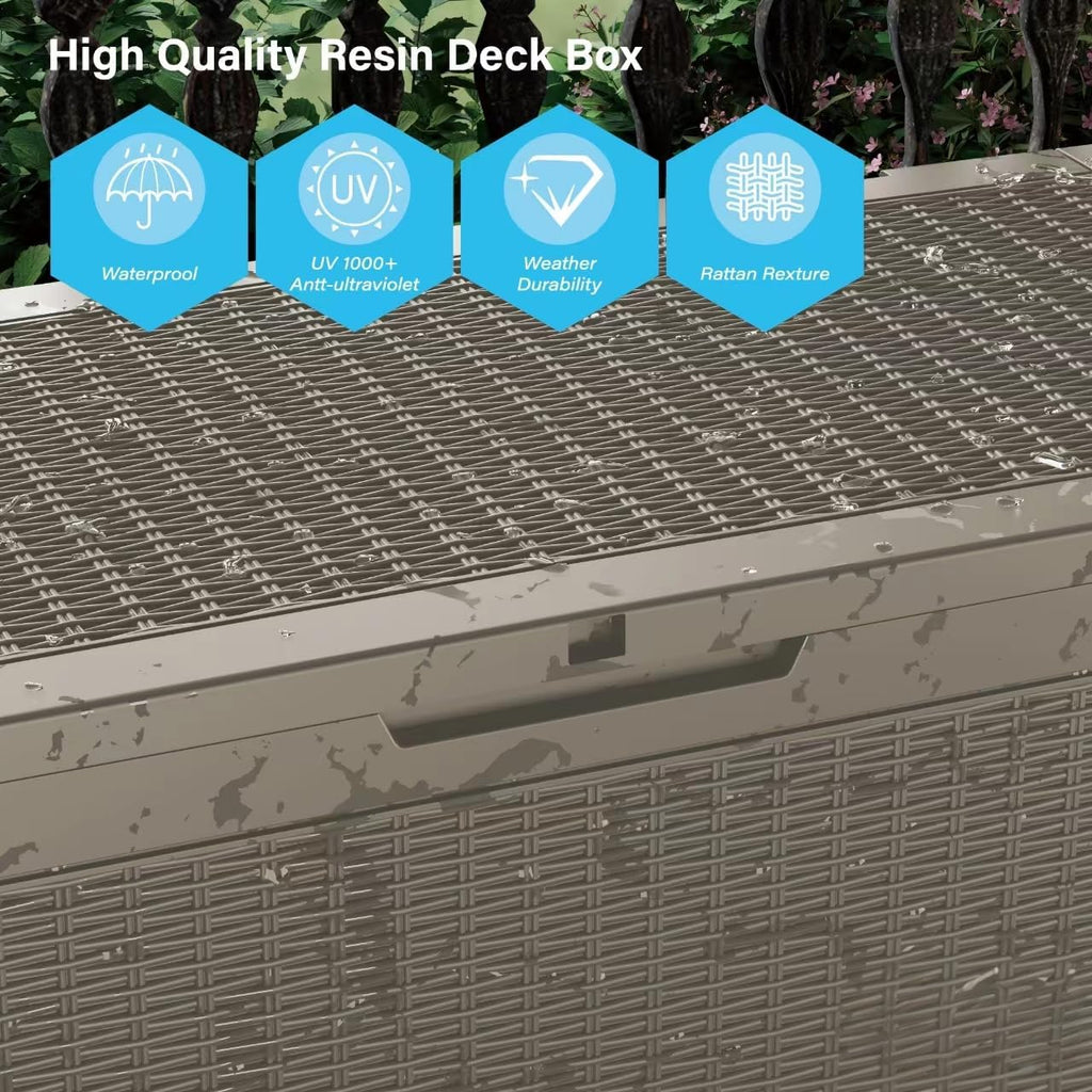 100 Gallon Waterproof Large Resin Deck Box Indoor/Outdoor Lockable Storage Container and Seating for Garden, Pool, and Patio (100 Gallon, Grey)