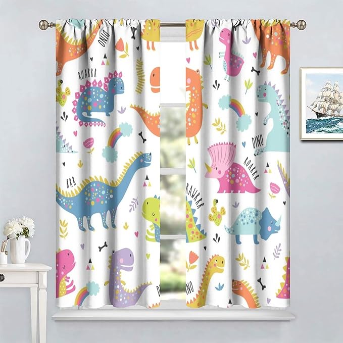Cartoon Dinosaur Curtains for Kids Boys Girls Home Decor Childish Cute Dino Animals Print Pattern Rod Pocket Blackout Window Drapes for Nursery Baby Bedroom Playroom W27.5xL63in 2 Panels