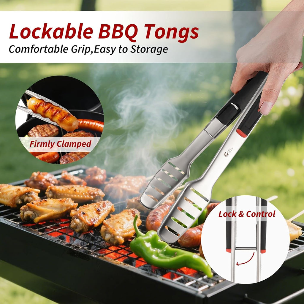BBQ Tools Set, Heavy Duty Stainless Steel Spatula, Fork & Tongs with Portable Bag, Essential Accessories for Barbecue Outdoor Grill, Grilling Gifts for Men Dad Camp Chef
