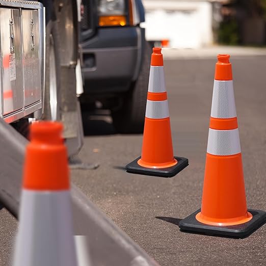 OrangeStar 4 Pack 28" Orange Traffic Cones, PVC Parking Construction Safety Cones w/Reflective Collars Heavy Duty Rubber Base for Driving Practice, Parking Lots and Roadwork