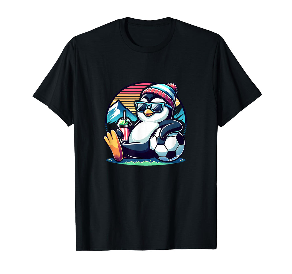Penguin Soccer Ball Sunset T-Shirt - Trendy Graphic for Adults
