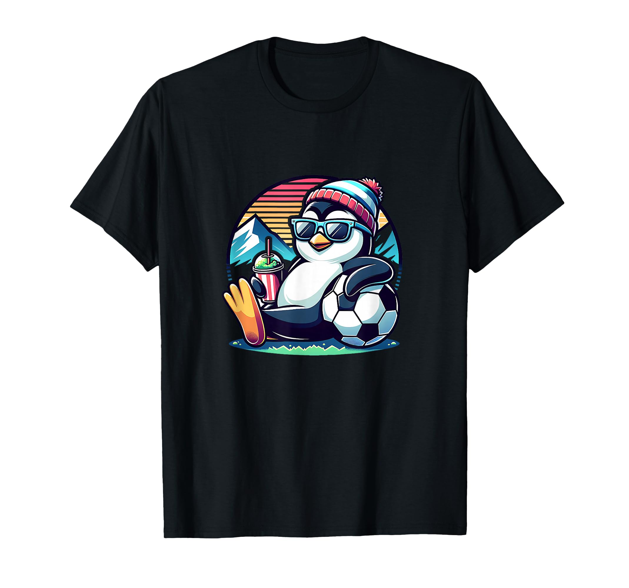 Penguin Soccer Ball Sunset T-Shirt - Trendy Graphic for Adults