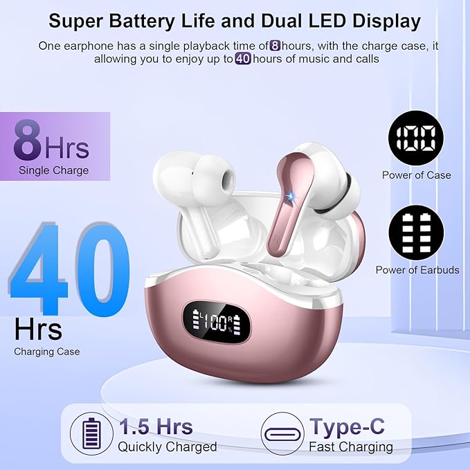 Wireless Earbuds Bluetooth Headphones, 2025 Hi-Fi Stereo Deep Bass Ear Buds, 4 ENC Noise Cancelling Mic, USB Fast Charging in-Ear Earphones, IP7 Waterproof Workout Sport for Laptop Pad Android iOS