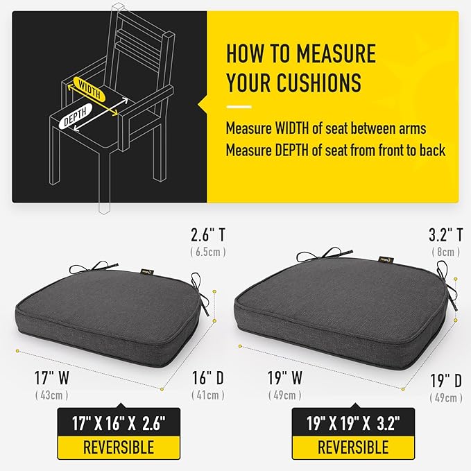 SUNROX Gel Memory Foam Chair Cushions, FadeShield Water-, Stain-Resistant Durable Reversible Seat Cushion Pads with Ties for Indoor/Outdoor Kitchen Dining Office 17"x16" Set of 4, Midnight