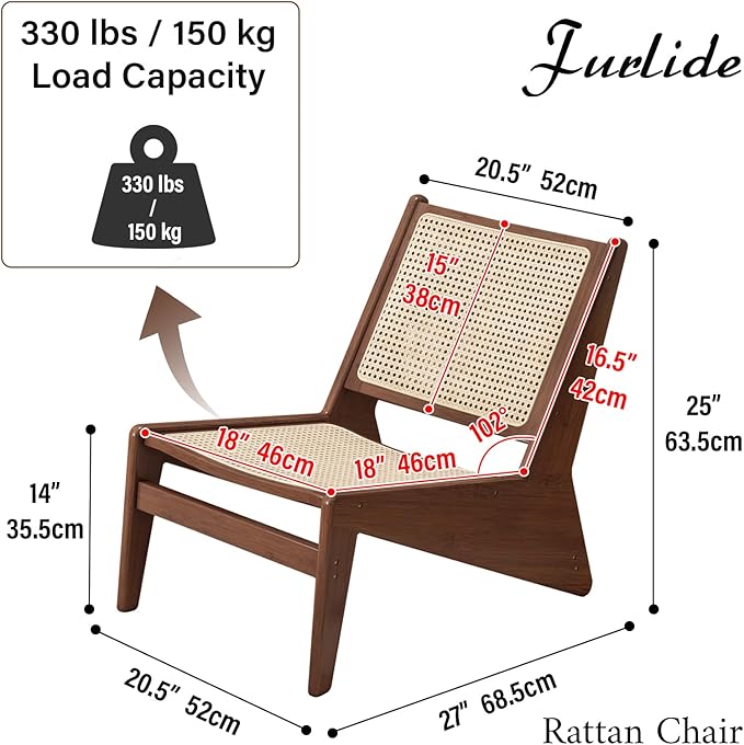 Mid-Century Accent Chair, Rattan Lounge Chair for Living Room, Boho Side Corner Comfy Chair for Bedroom and Balcony, Walnut