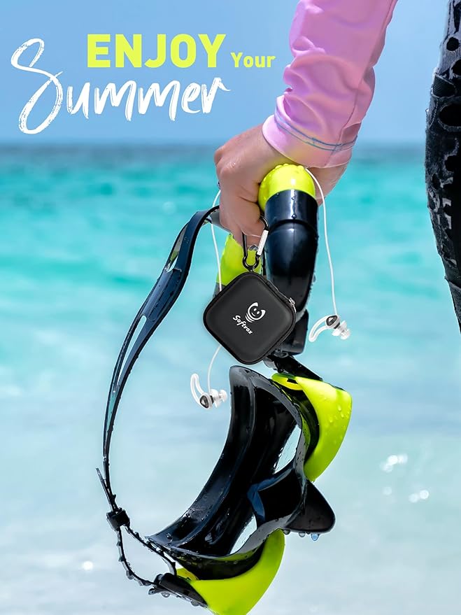 Ear Plugs for Swimming and Surfing with Lanyard, Block Out Water Let Sound in, Reusable Comfy Custom-fit Swimmer Earplugs for Snorkeling, Shower, Pool, Swim, Bath, Kayaking, incl Carry Case
