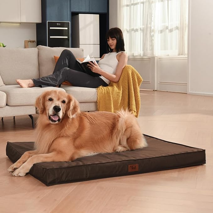 Outdoor All Weather XL Dog Bed, Waterproof Dog Bed for Extra Large Dogs, Orthopedic Egg Foam Pet Bed with Removable Washable Oxford Cooling Cover, Brown