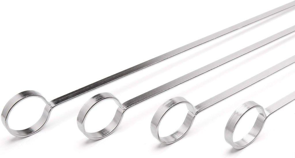 THORIUM BBQ Skewers |Shish Kebab Rotisserie Skewers for Grilling | Sharp Flat S kewers with Ring Handle for Easy Turning | Durable Stainless Steel | 12 Pieces, 35cm Long | Includes Basting Brush