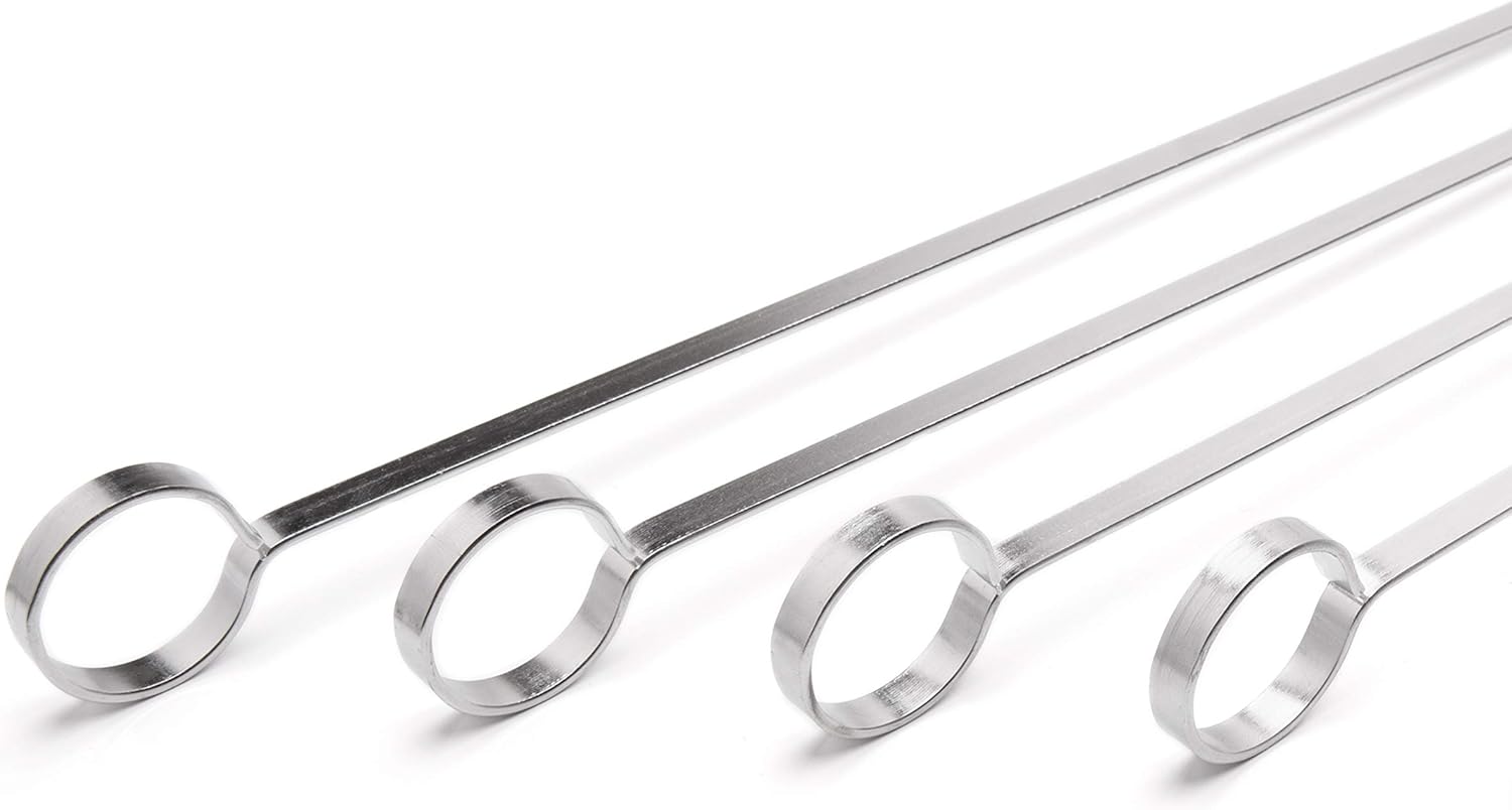 THORIUM BBQ Skewers |Shish Kebab Rotisserie Skewers for Grilling | Sharp Flat S kewers with Ring Handle for Easy Turning | Durable Stainless Steel | 12 Pieces, 35cm Long | Includes Basting Brush