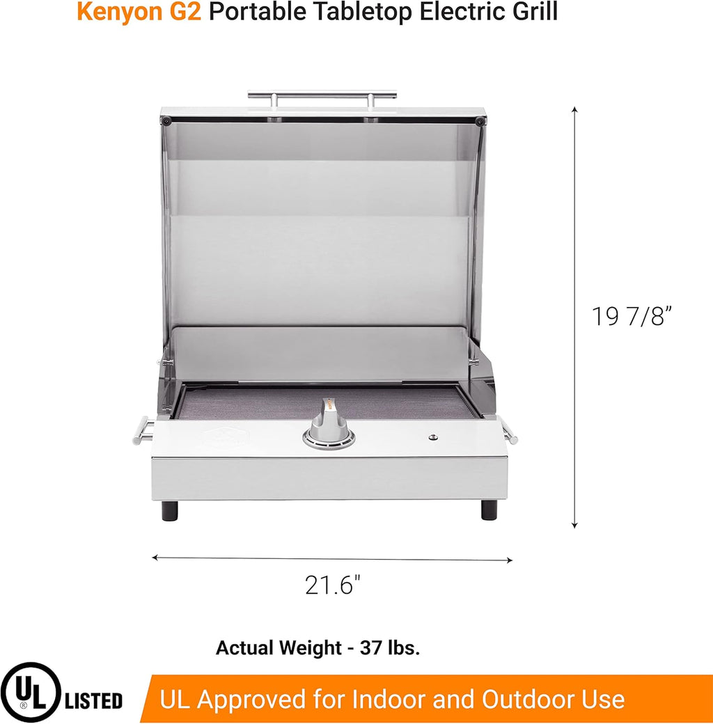 Kenyon G2 Portable Tabletop Electric Grill, 1440W Single Burner, Stainless Steel Body, Cast Aluminum Grate, UL Approved Grill For Indoor And Outdoor Use, Removable Lid, Dishwasher Safe, 120Volts