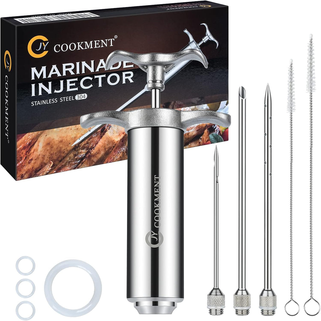 JY COOKMENT Meat Injector Syringe - Flavor Injector with 3 Stainless Steel Professional Needles;2pcs Cleaning Brush for BBQ Grill Smoker 2-oz Large Capacity Barrel
