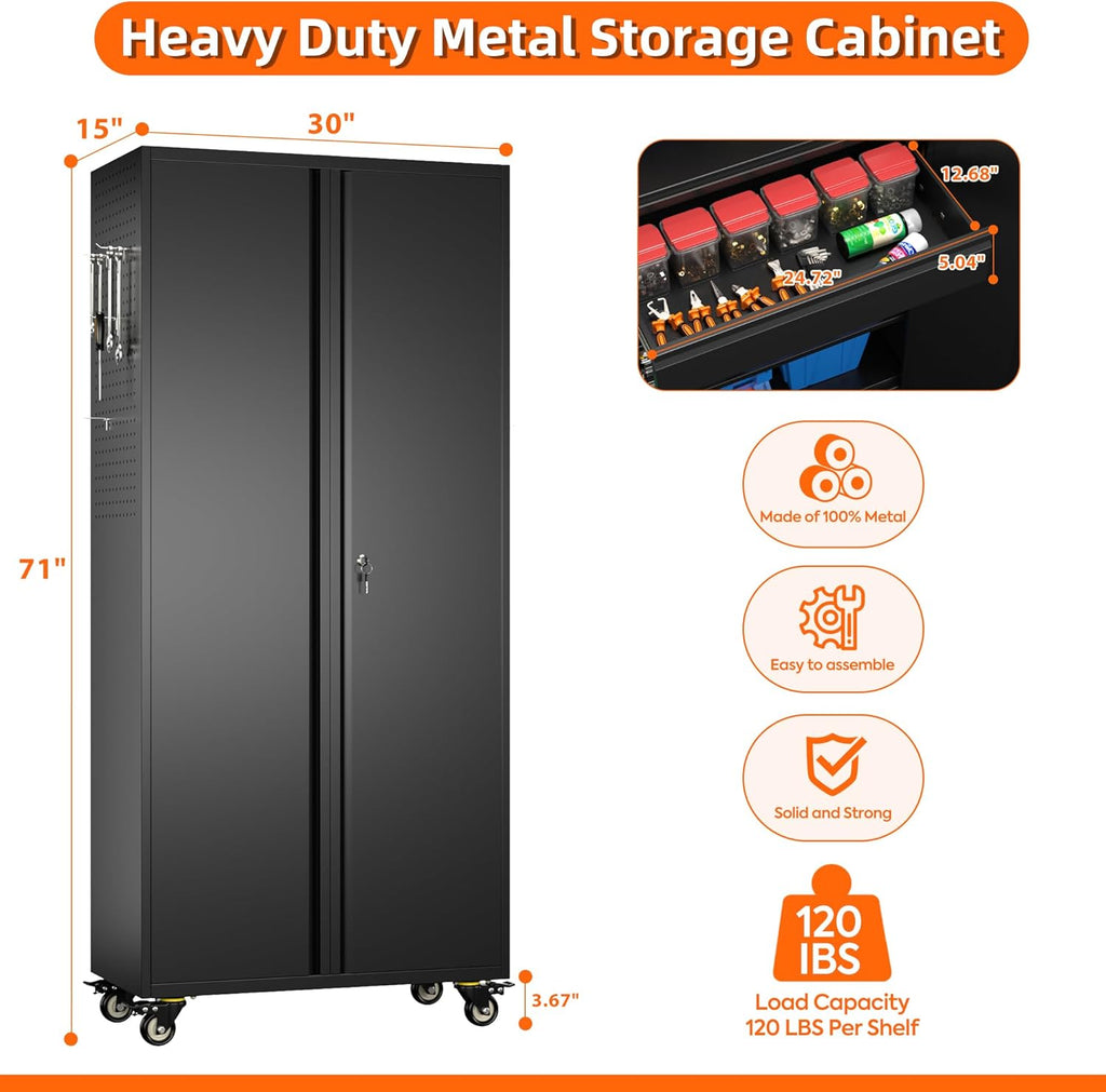 Aobabo Metal Storage Cabinet with Wheels and Adjustable Pegboard, Steel Rolling Tool Cabinet with 16 Hooks and 1 Interior Drawers for Garage, Home, Office, Kitchen, Black, Assembly Required