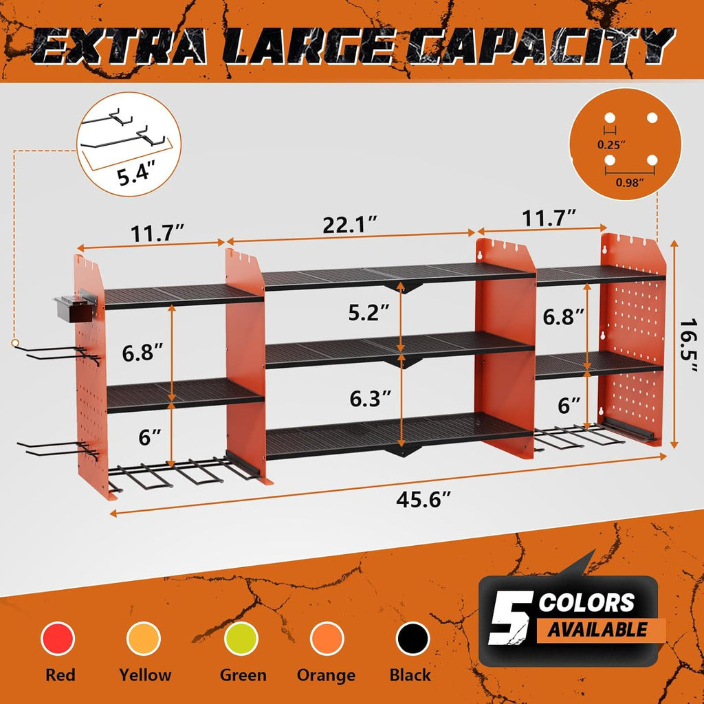 Power Tool Organizer Wall Mount, Expanded Width Garage Storage 3 Layer Heavy Duty Power Tool Storage Rack, 45.5" Battery Tools Holder with Charging Station Shelf