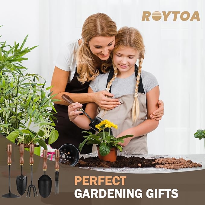 Garden Tool Set,5Pcs Gardening Tools,Stainless Steel Heavy Duty Hand Cultivator, Hoes，Shovel, Trowel and Weeder with Ergonomics Walnut Handle，Gardening Gifts for Women
