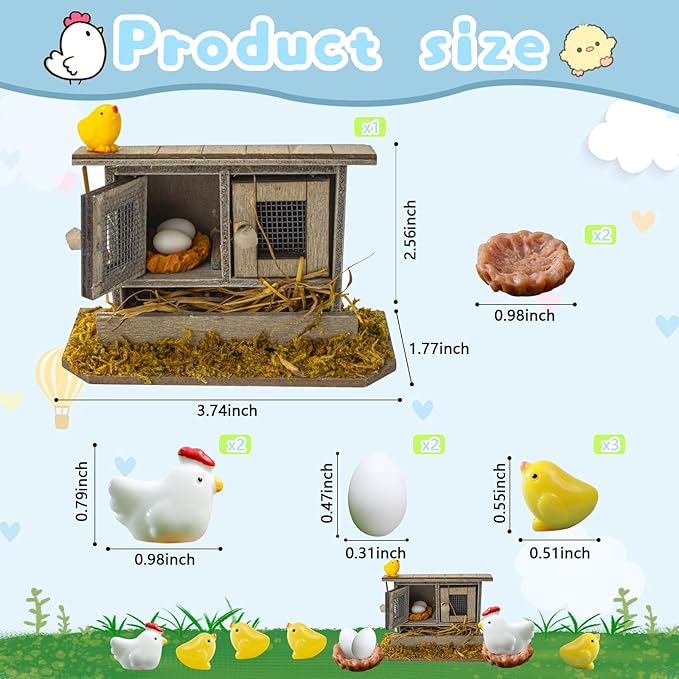 Hiawbon Miniature Retro Wooden Chicken Coop Mini Family Chicken,Hen,Chick,Egg,Chicken Nest Ornament Micro Landscape Fairy Garden Decor