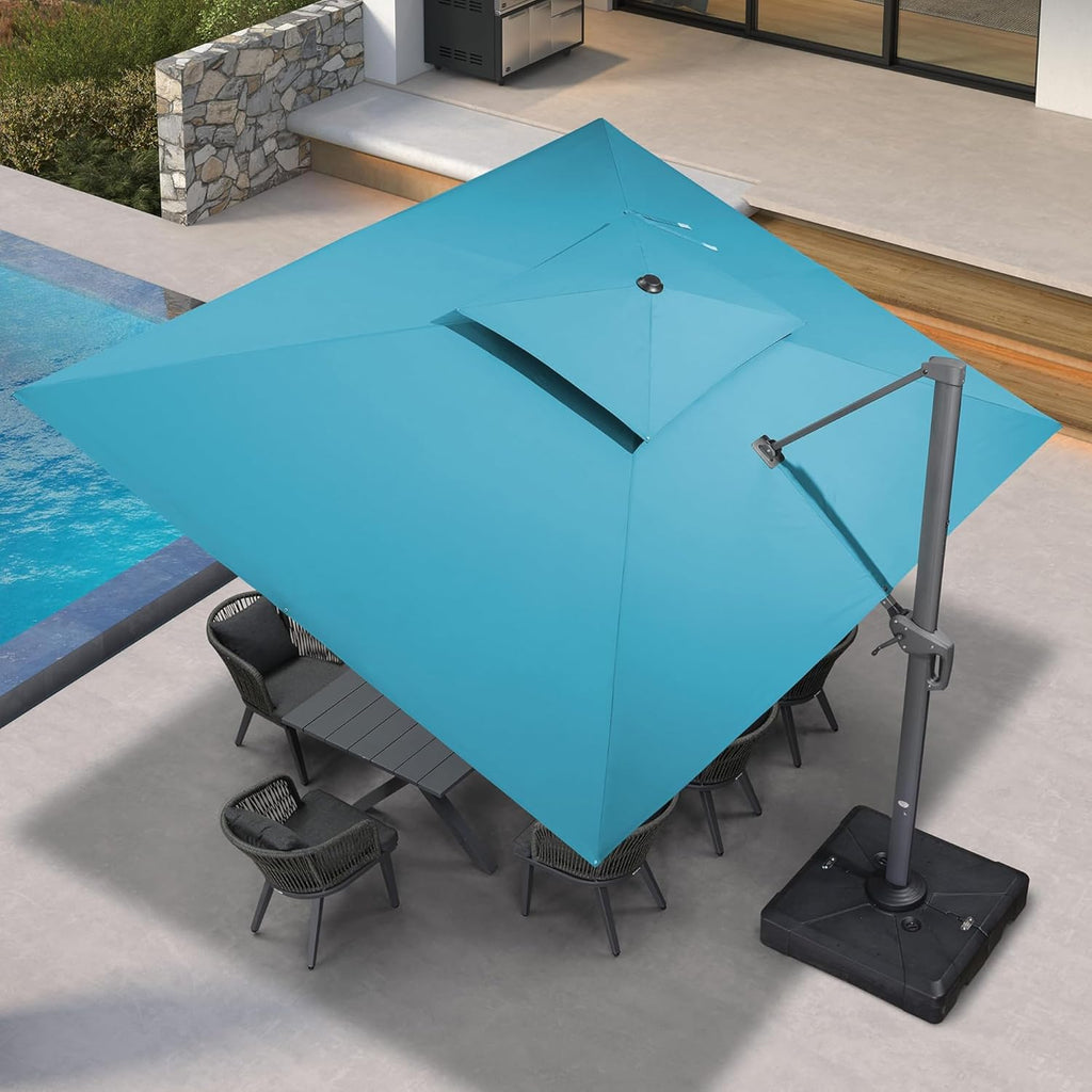 PURPLE LEAF 10' X 13' Outdoor Cantilever Umbrella Large Patio Hanging Double Top Rectangle Tilting Offset Umbrella with 360-degree Rotation for Outdoor Patio Pool Deck Turquoise Blue