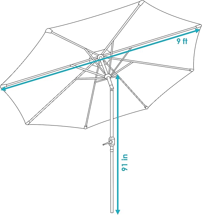 Sunnydaze Outdoor Patio Umbrella - Polyester Table Market Umbrella with Push-Button Tilt and Crank - 8 Sturdy Ribs - Awning Stripe - 9ft
