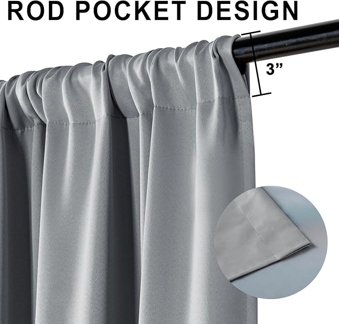 XWZO Blackout Curtains 84 Inches Long with Tiebacks- Rod Pocket Full Light Blocking & Energy Efficiency Extra Wide Window Draperies with Black Liner for Bedroom, Grey, W60 x L84, Set of 2