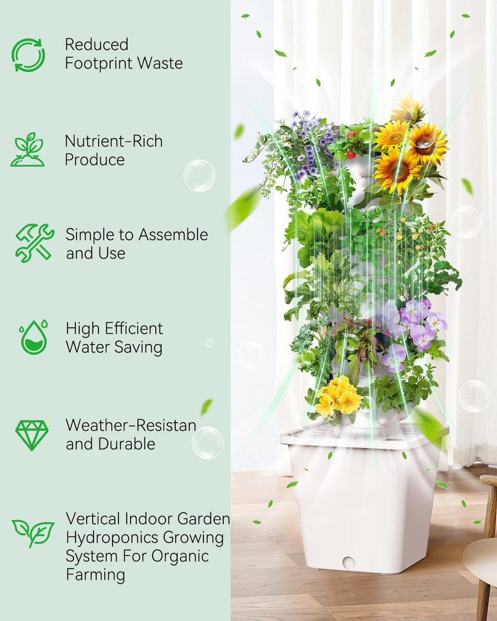 Vertical Hydroponics Growing System Kit, Indoor Outdoor Gardening System Kits, Herb & Fruits Growing Tower, 6 Layer 30 Pods