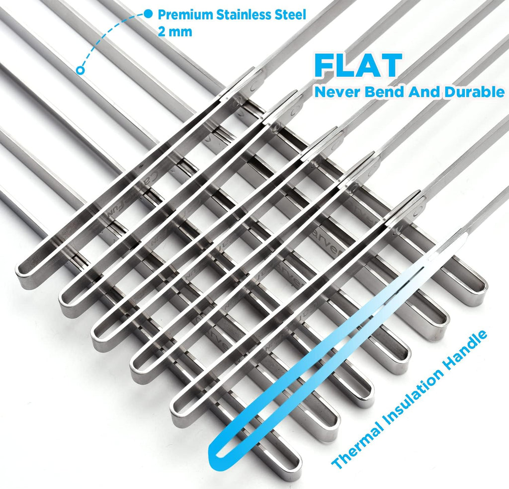 Innovative Thermal Insulation Handle BBQ Skewers Set - 6 Stainless Steel Wide BBQ Kebob Sticks For Grill - Flat Metal With 1 Food Remover Bar - 16.7' Inch Metal Kabob Skewers