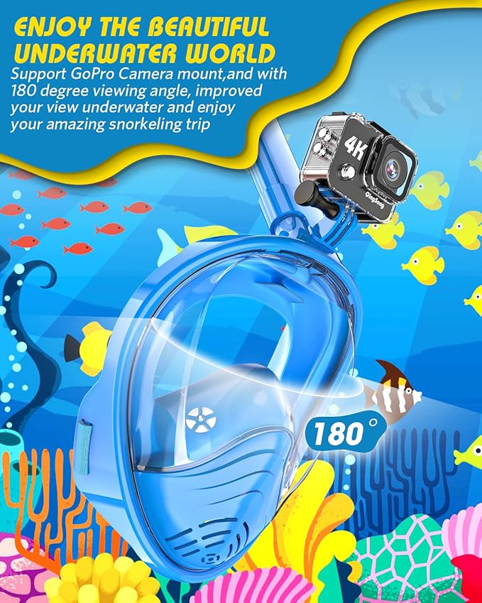 QingSong Kids Snorkel Mask Full Face, Snorkeling Set with Camera Mount, Foldable 180 Degree Panoramic View Snorkeling Gear Anti-Fog Anti-Leak