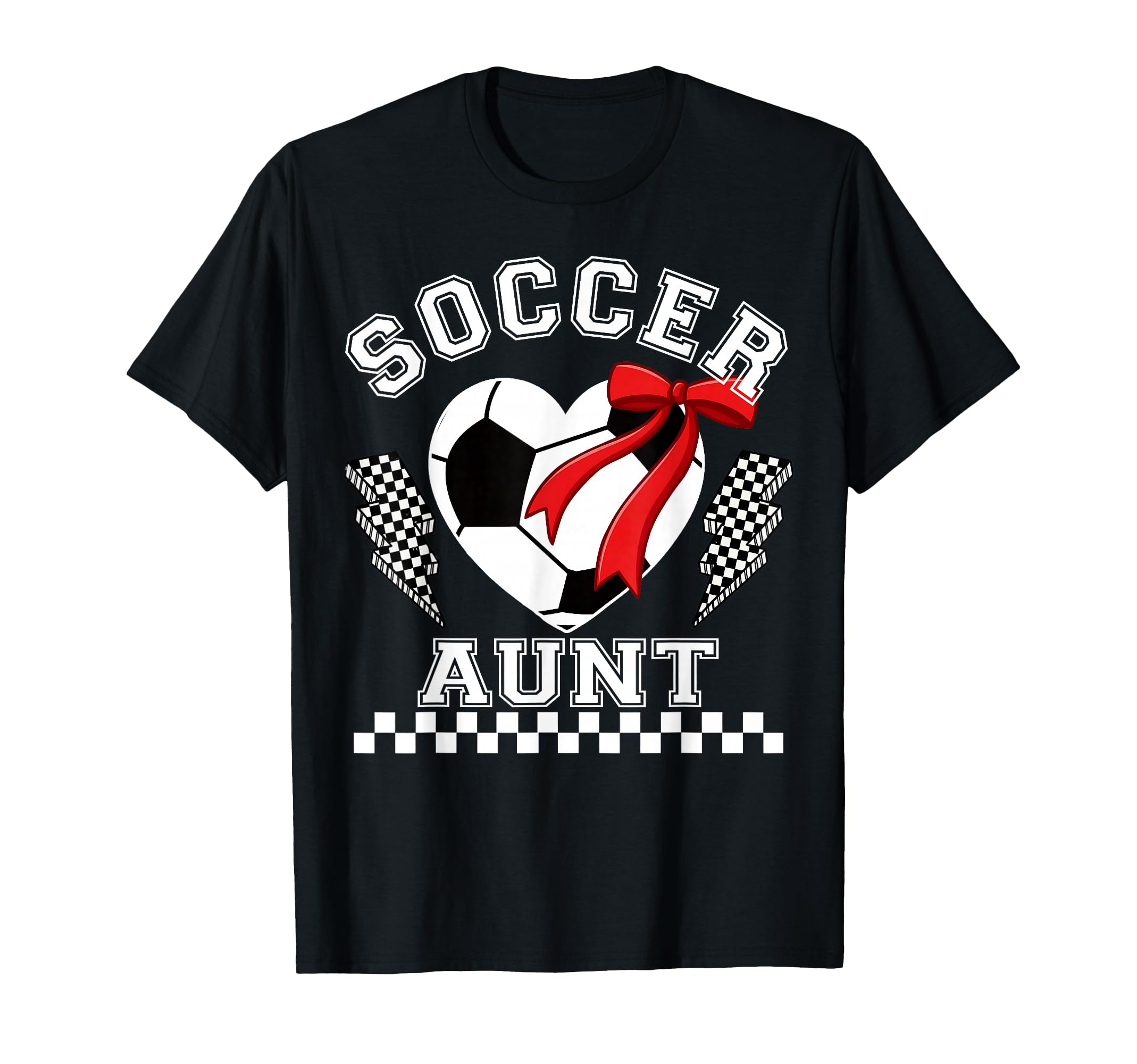 Soccer Aunt Checkerboard Heart Bow T-Shirt - Minimalist Print for Adults