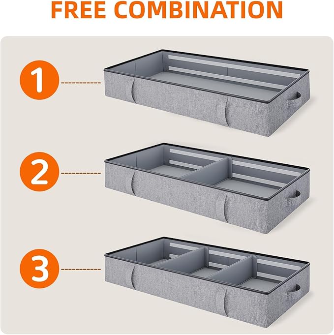 Vailando Under Bed Storage, 2 Pack Under Bed Storage Containers with Dividers, Firm Sides, Strong Zipper, 3 Reinforced Handles, 6 Inches Low Profile Underbed Storage Bins for Clothes, Blankets, Grey