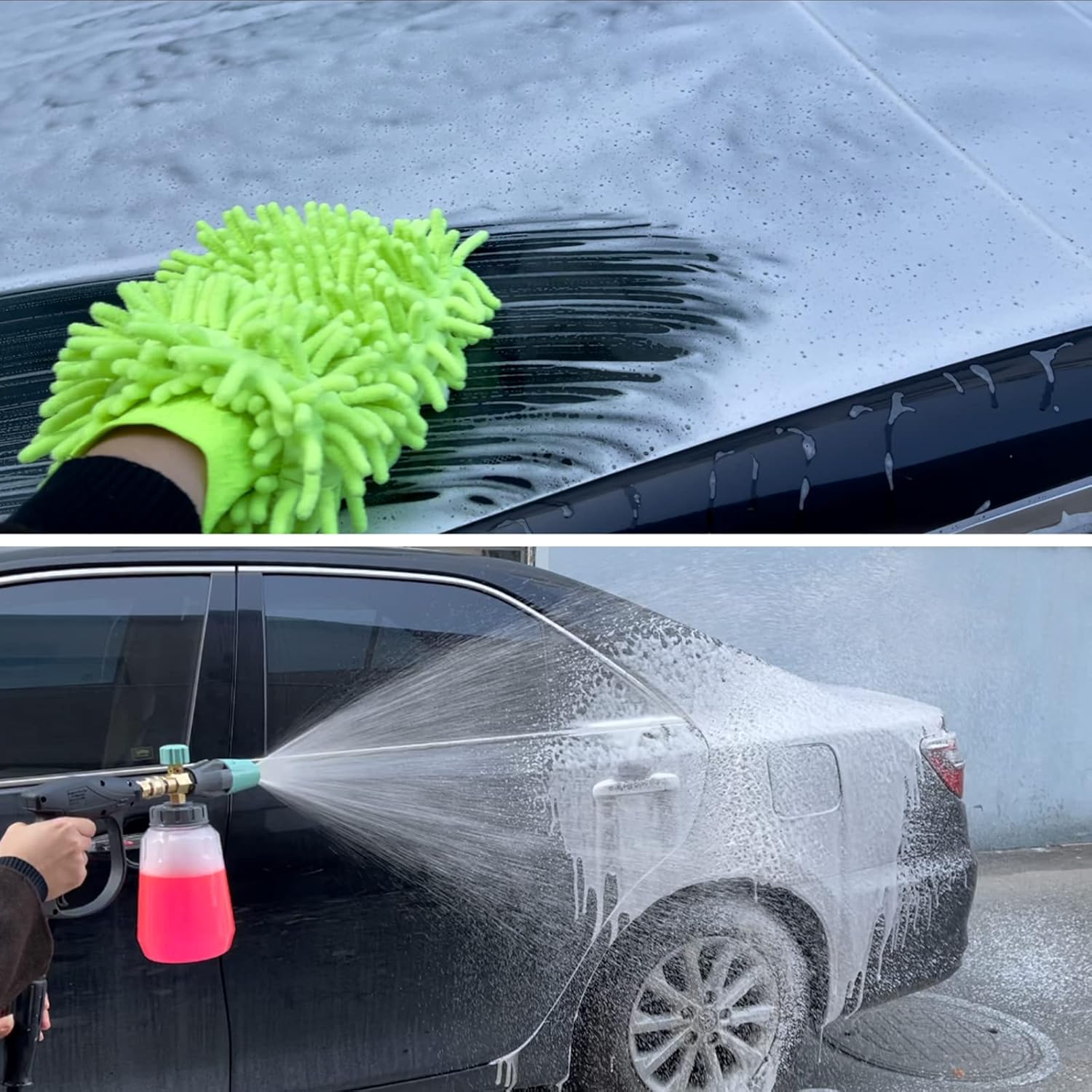 Sooprinse Short Pressure Washer Gun With Foam Cannon, High Pressure Snow Foam Lance, 1/4 Inch Quick Connector, Power Washer Blaster, Car Wash Mitt, 3000 PSI, 1 Liter