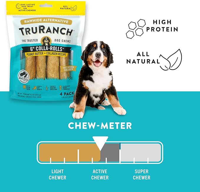 Collagen Rolls - 6" Collagen Rolls for Dogs - Long Lasting Healthy Joint Support - Rawhide Alternative - Skin & Coat Health - Made with Real Peanut Butter, Value Pack, 15 Bags, 60 Count