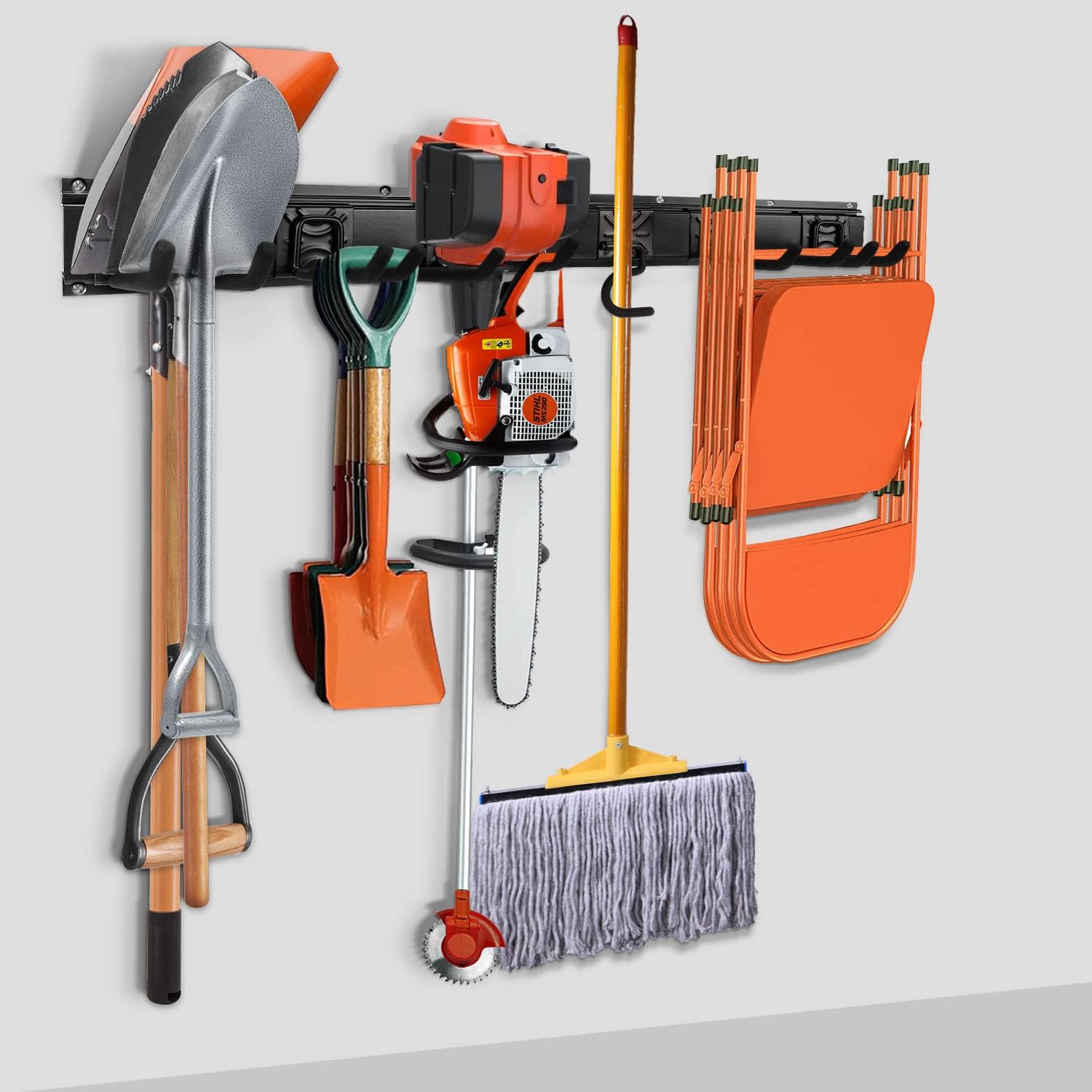 Tool Rack Kits, Garage Wall Organization Hanger with 1 Mop Hook and two 8-inch Multi-Purpose Hooks, Garden Yard Shovels Rakes for String Hedge Trimmer Brooms Hoses Folding Chairs ladders, and More