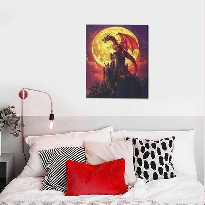 Dragon Bathroom Pictures Wall Art, Red Dragon Castle Bathroom Wall Decor, Framed Painting Canvas Artwork for Bedroom Living Room Decorations 24"L x 20"W