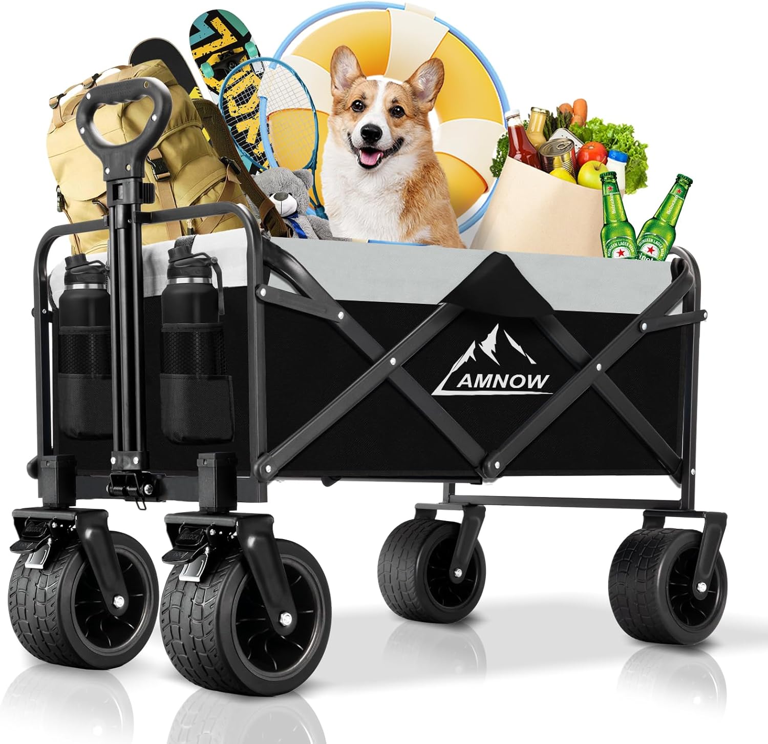 Collapsible Foldable Wagon, Utility Large Capacity Beach Wagon with Big Wheels, Shopping Cart with Side Pocket and Brakes for Sand, Garden, Grocery, Sports, Camping, Black