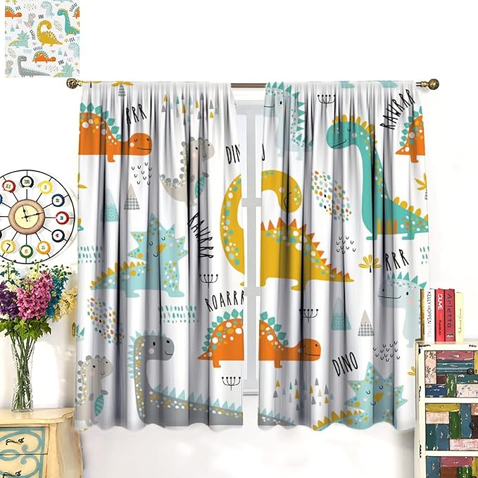 Dinosaur Curtains for Kids Boys Girls Home Decor Childish Cute Dino Animals Print Pattern Rod Pocket Blackout Window Drapes for Nursery Baby Bedroom Playroom W26xL84in 2 Panels