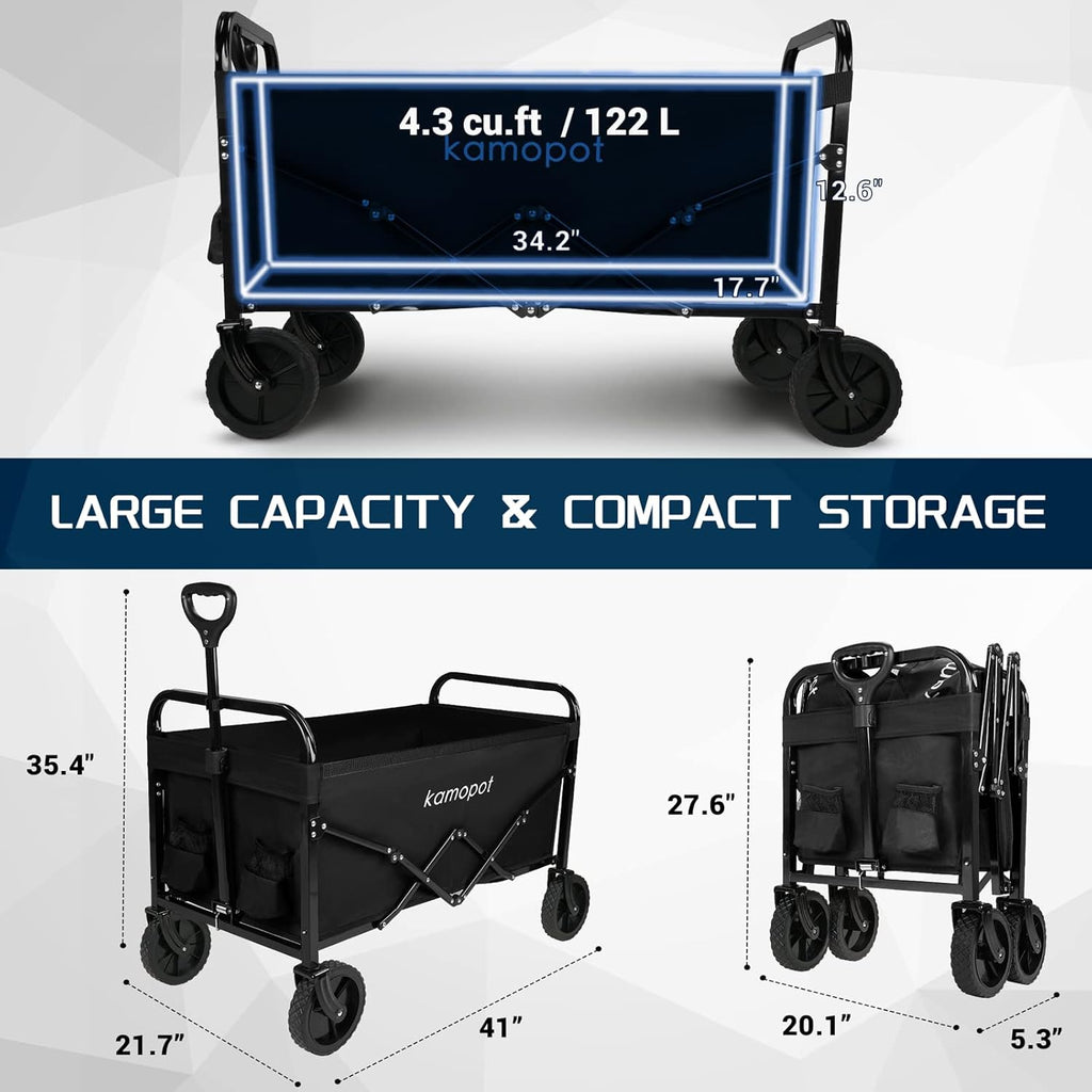 Large Collapsible Wagon Foldable for Grocery, Beach, Park, Yard, 34 x 18 Inch Inner Storage. Folding Utility Shopping Cart on Wheels. Heavy Duty, Durable w/Cupholders (Black)