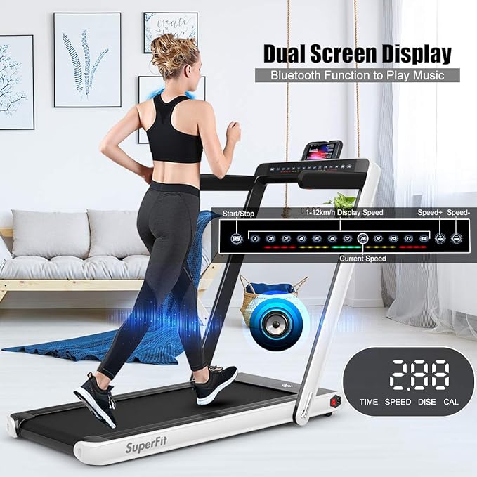 GYMAX Walking Pad, 2.25HP Dual Display Foldable Treadmill for Home with Remote/Smart App Control, Portable Compact Treadmill for Office Under Desk, Folding Running Machine for Small Spaces