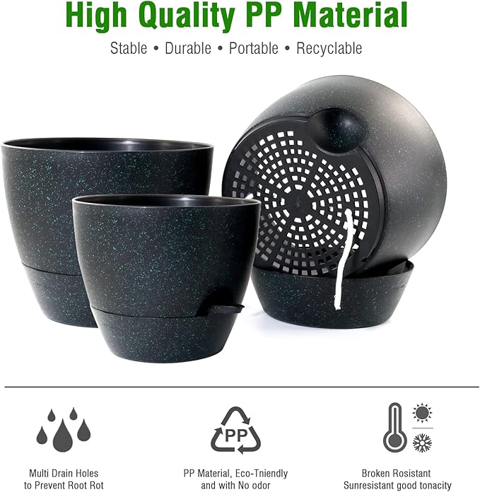 Large Self Watering Pots, 12/10/9 Plastic Planters with High Drainage Holes and Deep Reservoir for Indoor Outdoor Garden Plants and Flowers, Black with Green Speckles