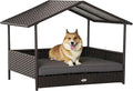 PawHut Wicker Dog House Outdoor with Canopy, Rattan Dog Bed with Water-Resistant Cushion, Raised Dog Bed for Small, Medium Dogs up to 66 lbs, 19.75" in Length, Brown Wicker, Gray Cushion
