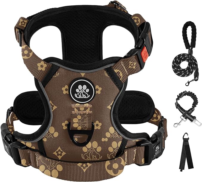 IVY&LANE No Pull Dog Harness with Leash Set, Reflective No Choke Pet Vest,Adjustable Oxford Dog Vest Harness with Easy Control Handle for Large Dogs (Dark Brown,L)