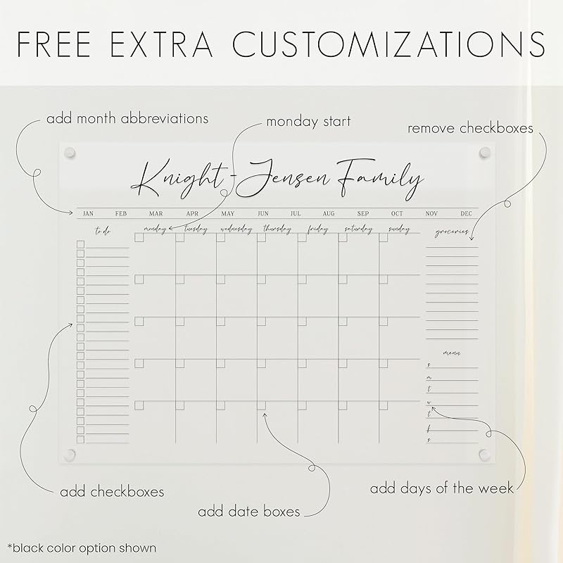 Personalized Clear Acrylic Calendar for Wall, Calendar Whiteboard for Wall, Dry Erase Wall Calendar, Wall Calendar Organizer System for Home (Cursive, Navy, 47.5"W x 36"H)