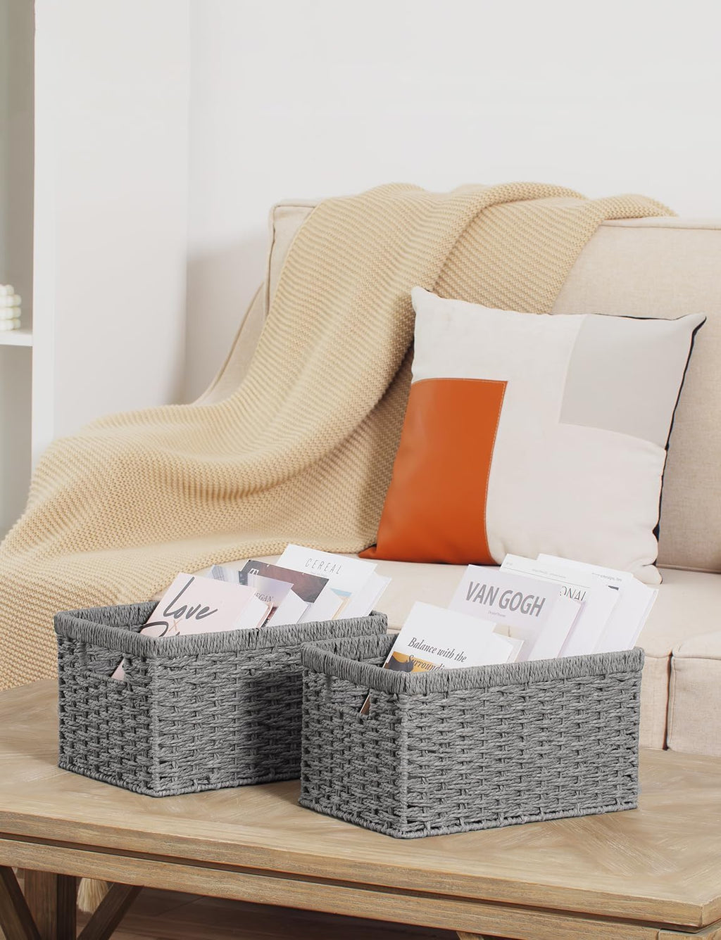 StorageWorks Round Paper Rope Storage Baskets, Rectangular Wicker Baskets with Built-in Handles, Gray, 2-Pack