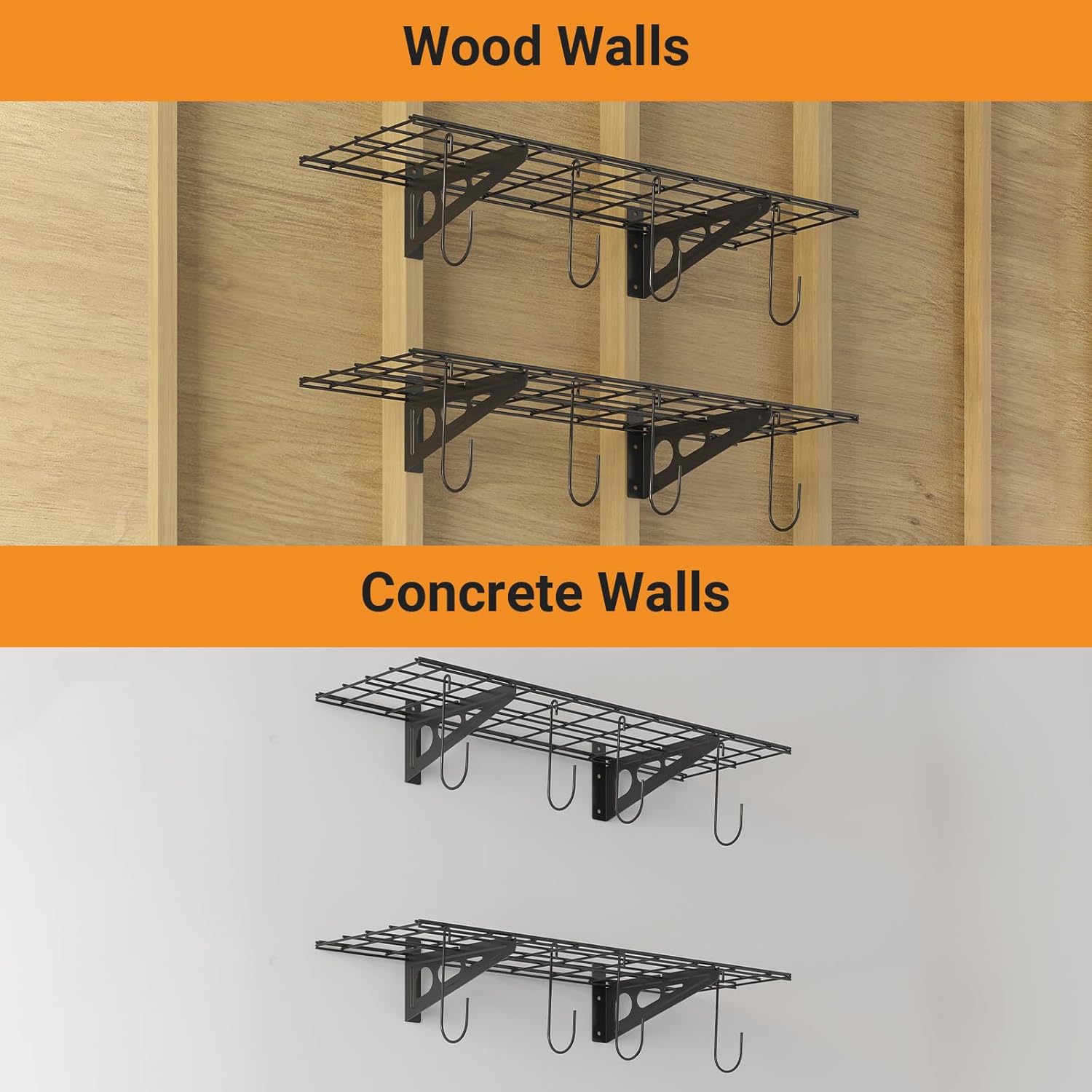 1x3 ft Garage Shelving with 8 Bike Hooks, 2-Pack Wall-Mounted Shelves for Garage, Kitchen, Pantry Storage, 300 lbs Total Load Capacity Garage Wall Shelving, Black