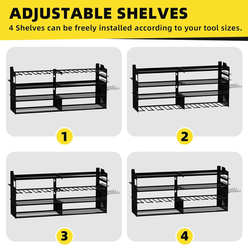 Power Tool Organizer Wall Mount with 8-Drill Holders-600Lbs Load Heavy Duty Metal 4-Layers Garage Storage & Organization Battery Tools Rack with Side Panels Utility Racks Workshop Gifts for Men