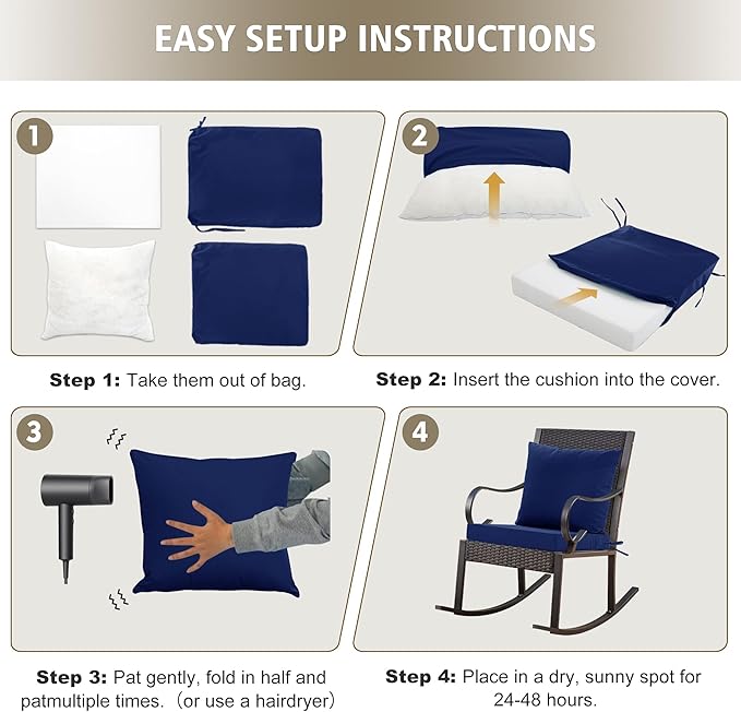 Outdoor Cushions for Patio Furniture, Waterproof Outdoor Chair Cushion w/Fade-Resistant, Removable & Machine-Washable Cover, 22x22 Inch, Deep Seat Sofa/Couch Pad Replacement – Set of 1/2/4, Navy Blue