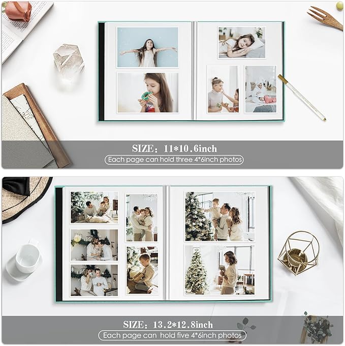 Spbapr Large Photo Album Self Adhesive 4x6 5x7 8x10 10x12 Pictures Magnetic Scrapbook 40 Blank Pages Linen Cover DIY Album with A Metal Pen Turquoise