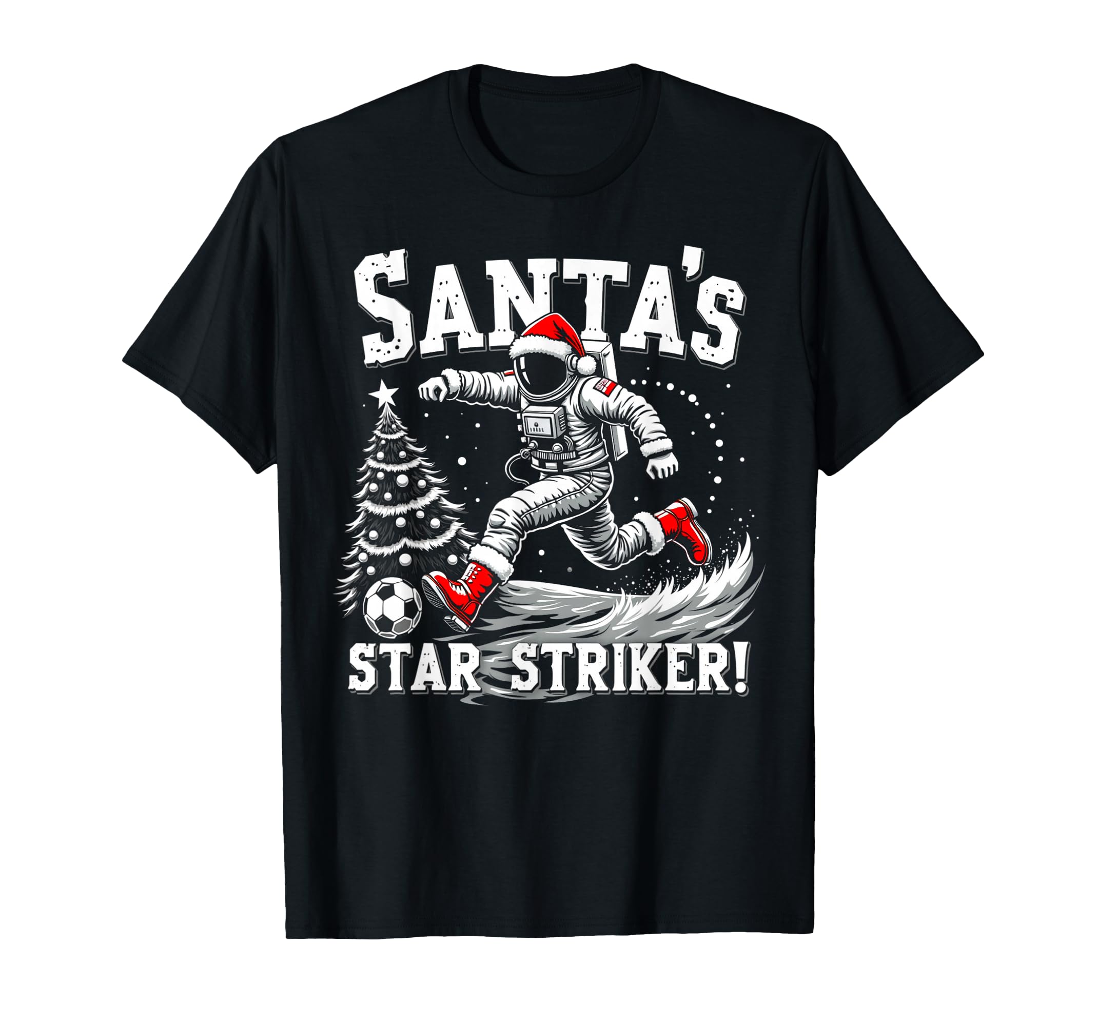 Santas Star Striker Funny Soccer Player T-Shirt - Graphic Print Unisex