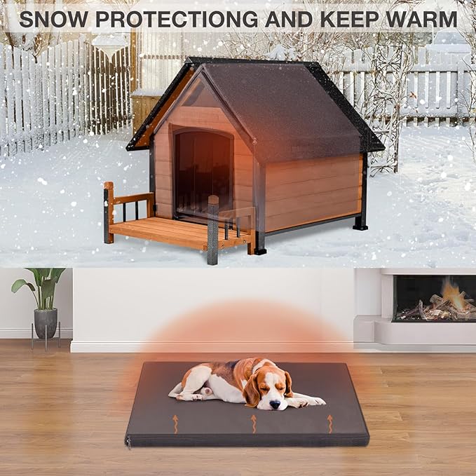 Dog House with Insulated Liner Outdoor Indoor All-Around Iron Frame Design Dog House with Porch＆Raised Feet for Small Medium Large Dogs（Brown）