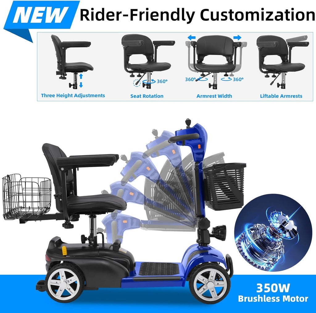 4 Wheels Mobility Scooter for Adults&Seniors Up to 300LBS, 350W Electric Powered Wheelchair Device with Extended Battery, Dual Baskets, Rotating Seat