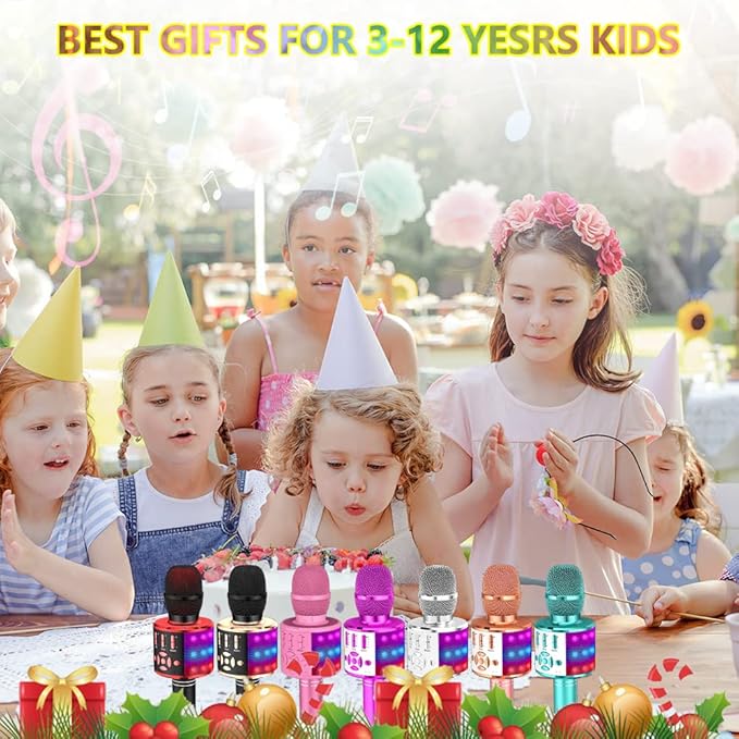 Amazmic Kids Karaoke Microphone Machine Toy Bluetooth Microphone Portable Wireless Karaoke Machine Handheld with LED Lights, Gift for Children Adults Birthday Party, Home KTV(Silver)